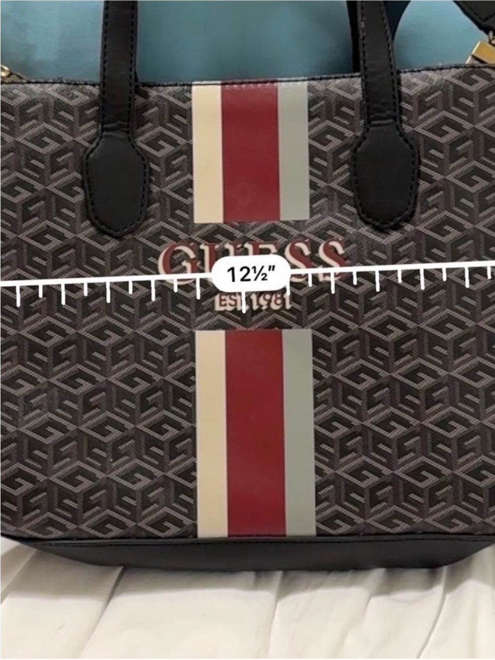 GUESS Monogram Logo Satchel Tote Crossbody Bag Brown Burgundy Stripe - Picture 5 of 8